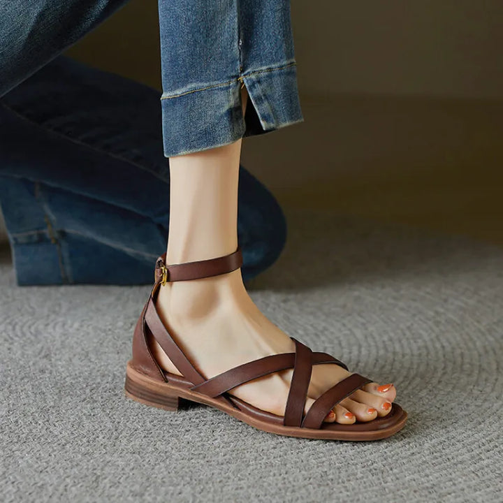 Women's Flat Sandals – Cross-Strap Ankle Buckle Design