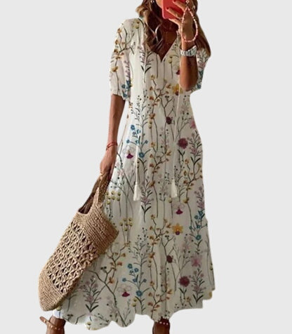 Women's Boho Vintage Maxi Dress V-Neck – Short Sleeve Summer Style