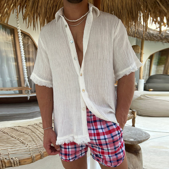 Men's Crinkle Texture Shirt – Button Front & Frayed Edge Detail