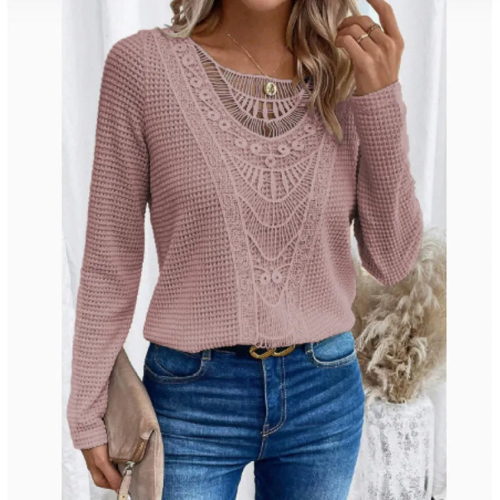 Women's Lace Panel Knit Top – Long Sleeve Round Neck