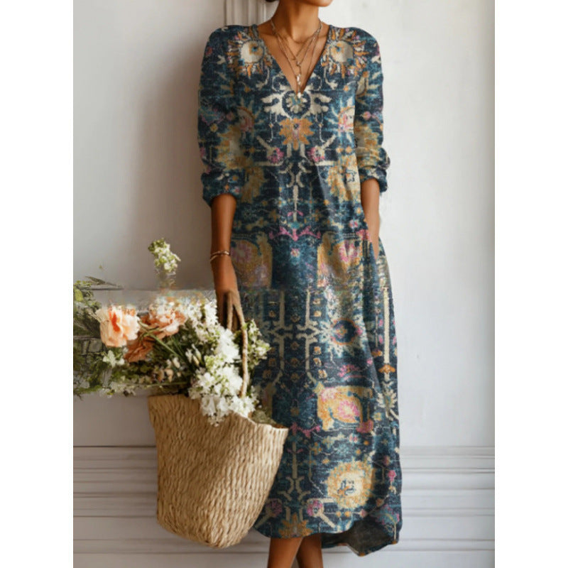 Printed Midi Dress – Women's Retro Art Pattern Relaxed Fit