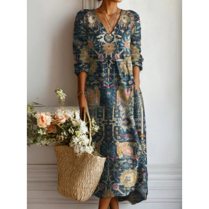 Printed Midi Dress – Women's Retro Art Pattern Relaxed Fit