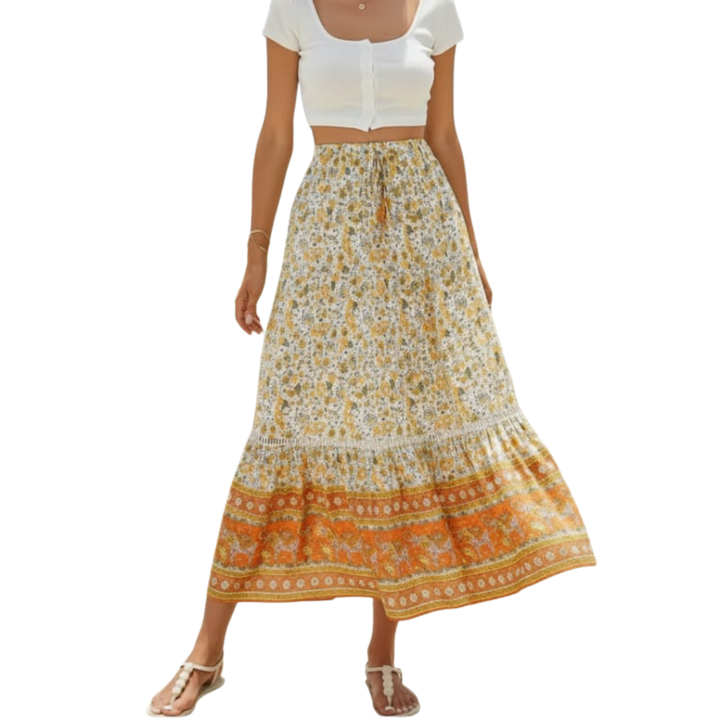 Floral Maxi Skirt – High-Waist Drawstring A-Line, Cotton