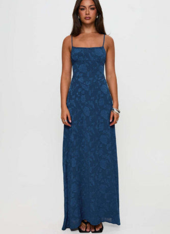 Women's Floral Burnout Maxi Dress Spaghetti Strap – Square Neck Lace-Up