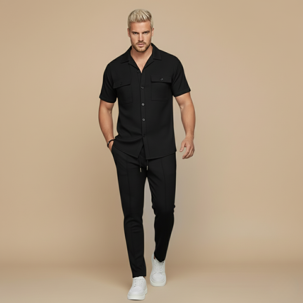 Men's Waffle-Knit Two-Piece Set – Relaxed Matching Shirt & Shorts