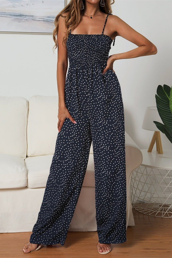 Women's Wide Leg Jumpsuit – Smocked Bodice & Spaghetti Straps