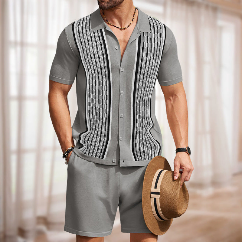 Men's Two-Piece Set – Geometric Knit Shirt & Shorts
