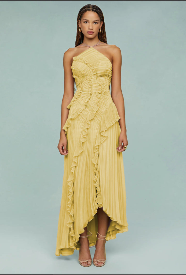 One Shoulder Maxi Dress – Pleated Asymmetric Ruffle Detail