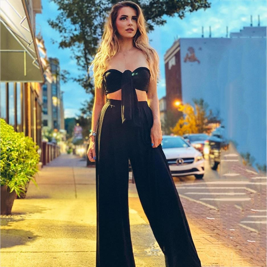 Two Piece Set Women – Strapless Pure Color Top & Pants Suit