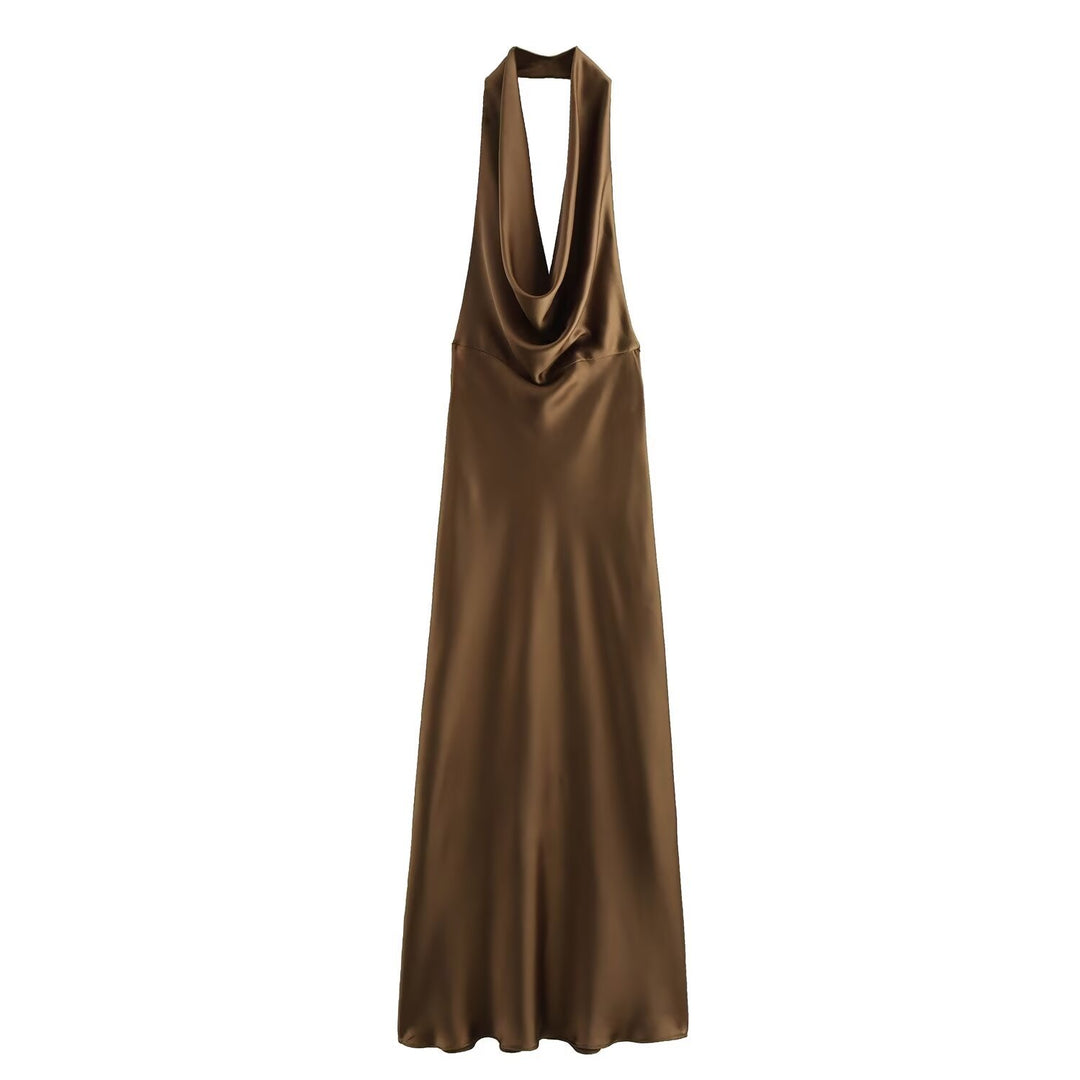 Satin Halter Maxi Dress Silky Backless Gown – Open-Back Evening Style