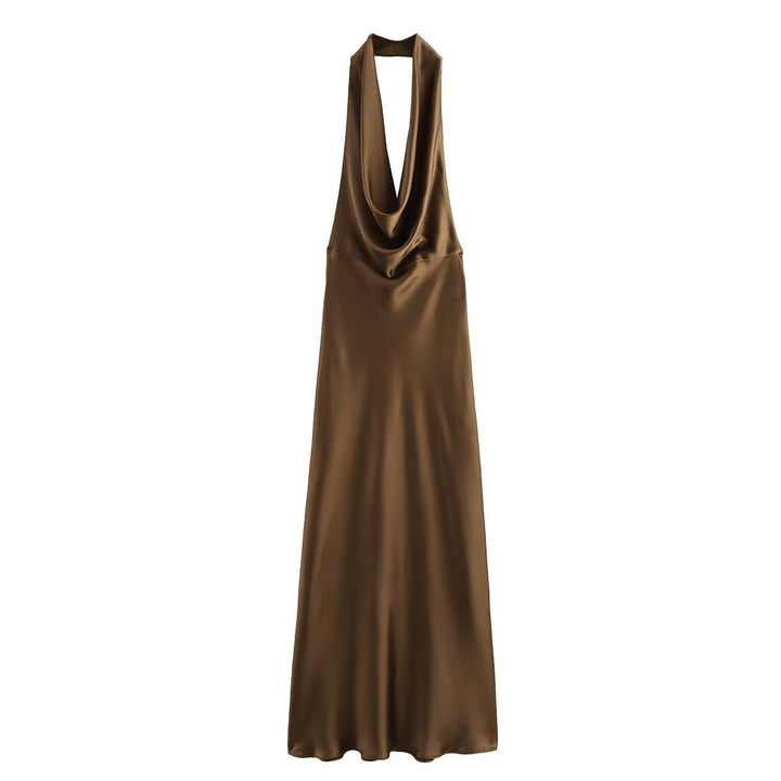 Satin Halter Maxi Dress Silky Backless Gown – Open-Back Evening Style