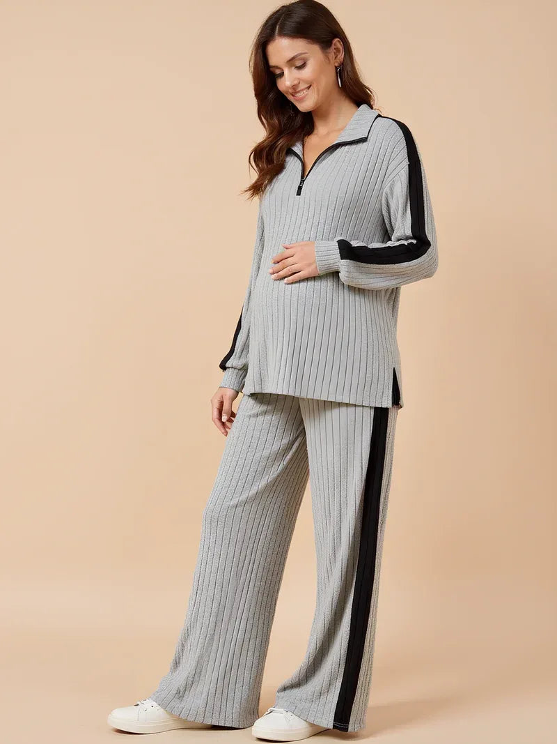 Maternity Two Piece Set – Ribbed Knit Zip Collar & Straight-Leg