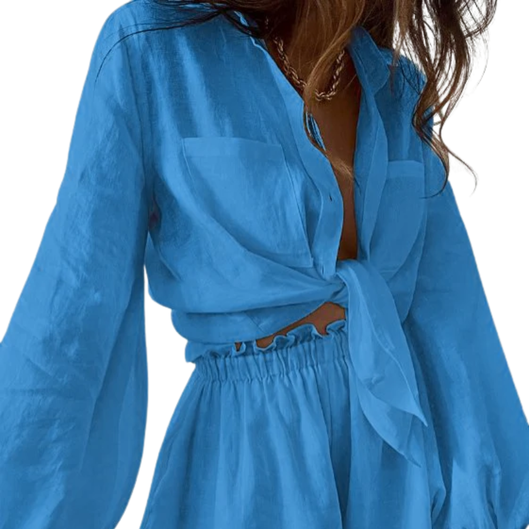 Linen Two Piece Set Women – Billowy Blouse & High-Waist Shorts
