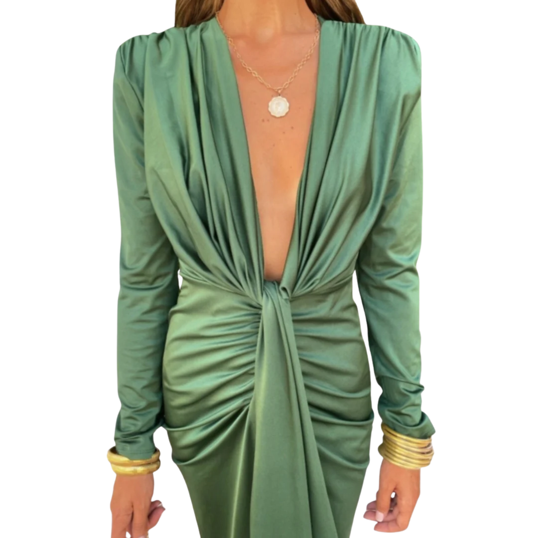 Ruched Midi Dress – Women's V-Neck Draped Evening Gown