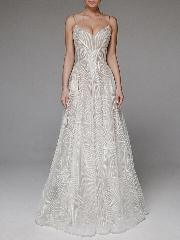 Sequin Maxi Dress A-Line Pleated Skirt Spaghetti Straps – Wedding