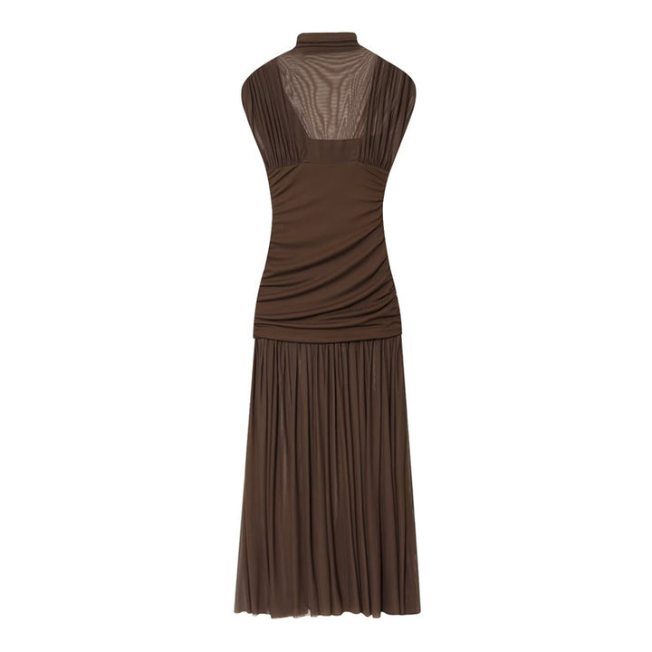 Women's Mesh Maxi Dress Drop Waist – Ruched Bodice High Neck