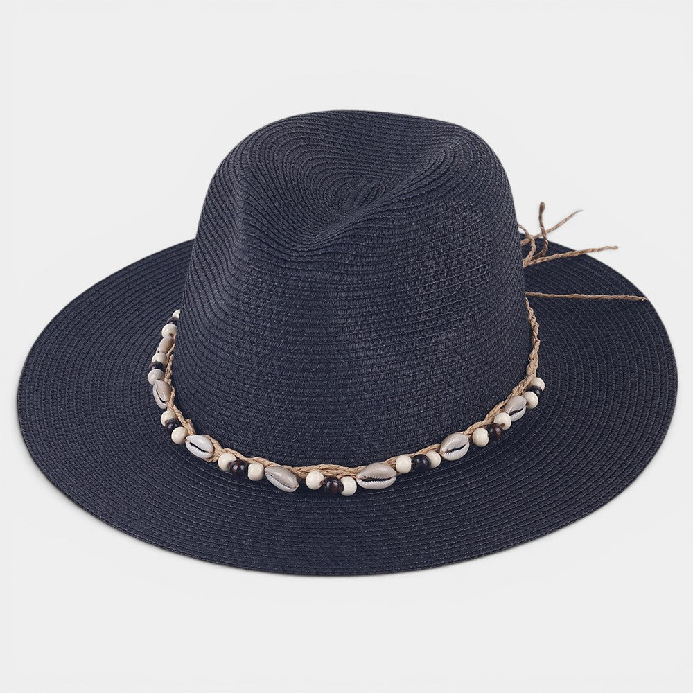 Women's Wide Brim Sun Hat – Shell & Wooden Bead Detail