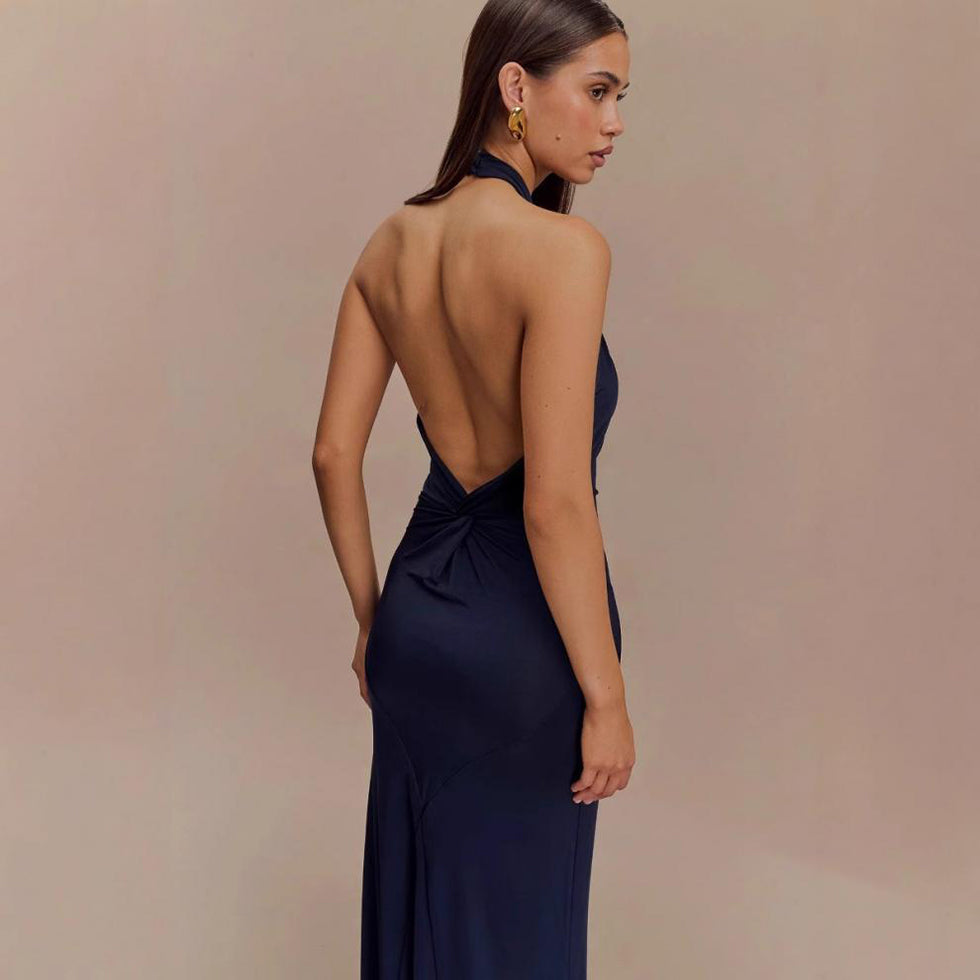 Satin Halter Maxi Gown – Open Back Ruched Waist Dress