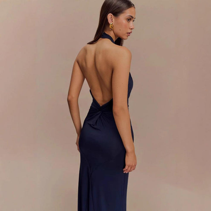 Satin Halter Maxi Gown – Open Back Ruched Waist Dress