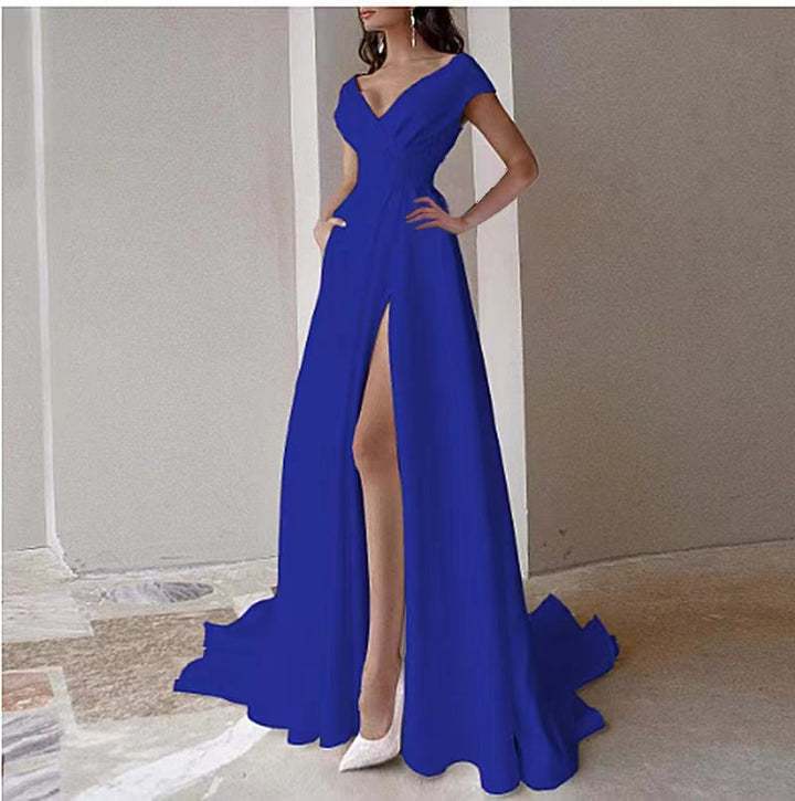 Women's V-Neck Floor Length Evening Dress – Structured Bodice High Slit Elegant
