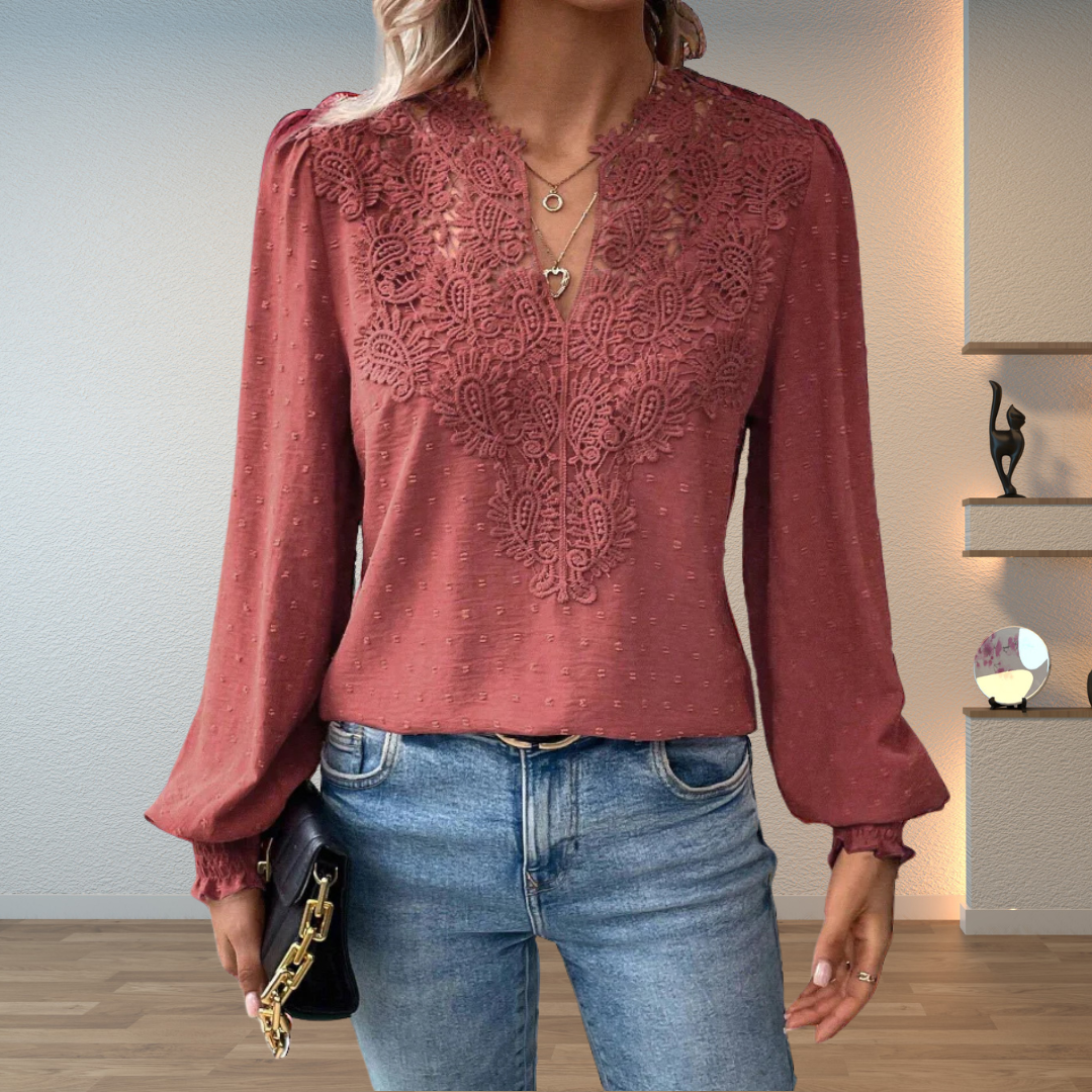 Embroidered V-Neck Blouse – Women's Gathered Sleeve Top