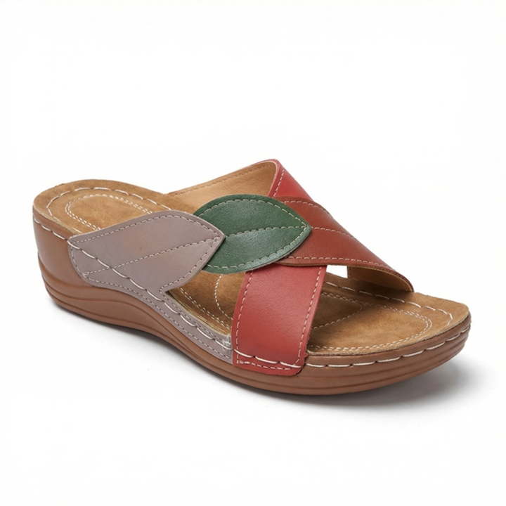 Women's Wedge Slide Sandals – Leaf Print Crossover Strap