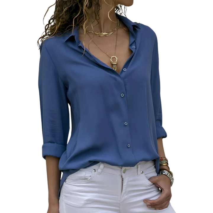 Women's Button-Front Blouse – Fluid V-Neck Long Sleeve