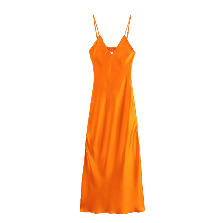 Satin Slip Maxi Dress – V-Neck & Spaghetti Straps