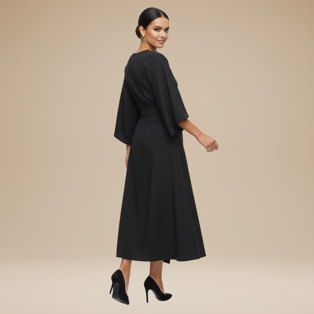 Women's Belted Wrap Midi Dress – Wide Flowing Sleeves Draped Waist