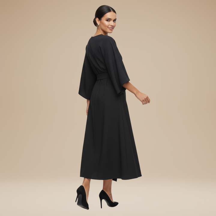 Women's Belted Wrap Midi Dress – Wide Flowing Sleeves Draped Waist