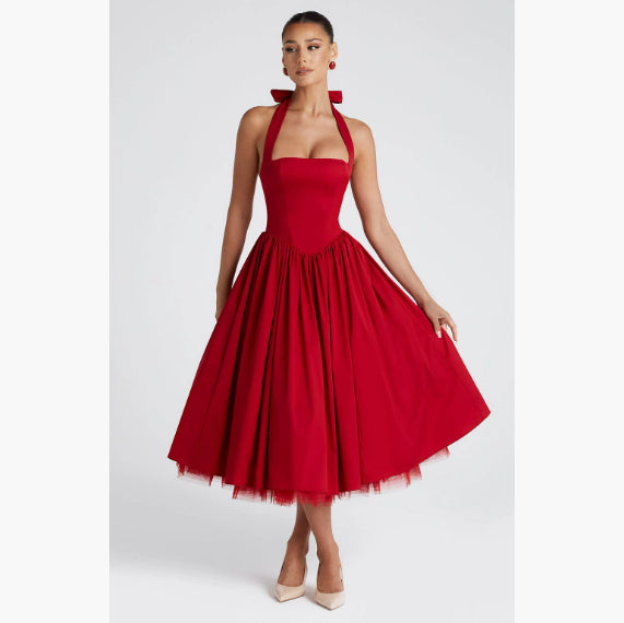 Midi Dress Halter Open Back Trapeze – Fitted Bodice Flared Skirt Style