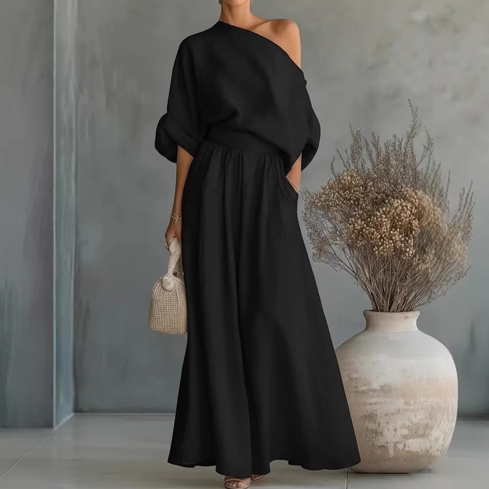 Linen Two Piece Set Women – Draped Blouse & Wide Leg Trousers