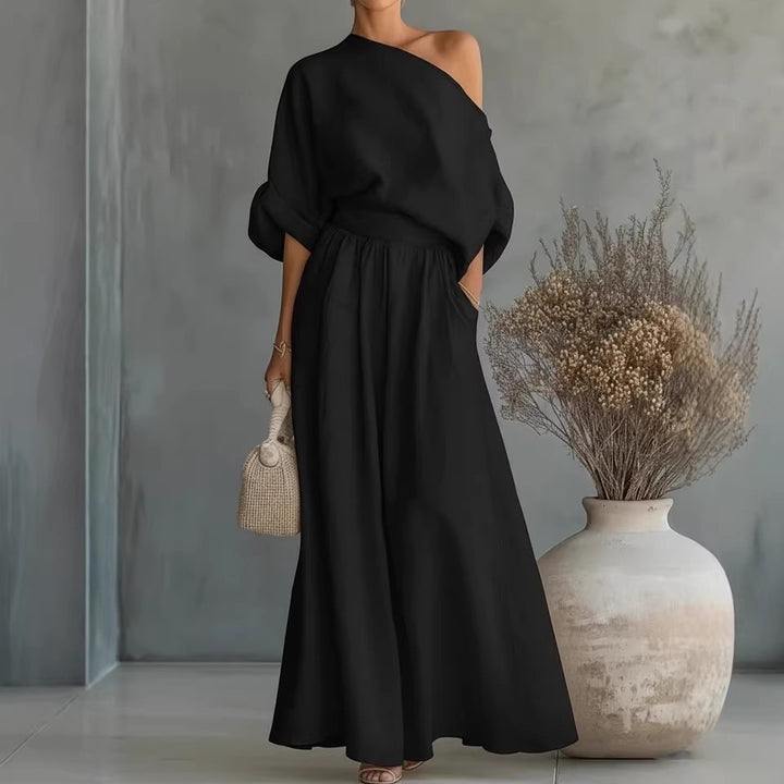 Linen Two Piece Set Women – Draped Blouse & Wide Leg Trousers