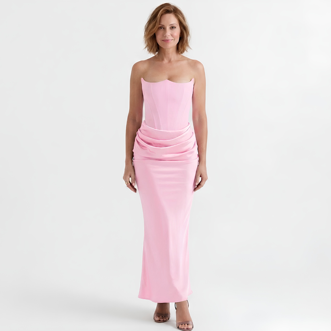 Maxi Bodycon Dress Strapless Bustier – Strategic Ruching Ankle Gown