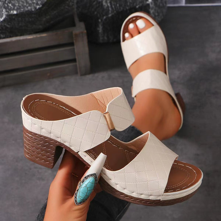 Women's Chunky Heel Sandals Plaid Texture – Round Toe Two-Strap Slide