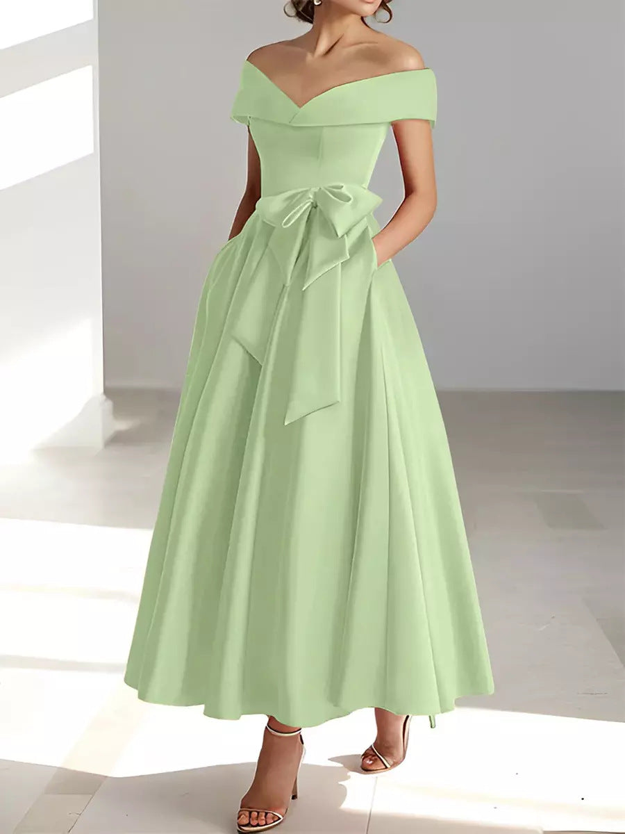 Mother of the Bride Dress Satin A-Line – Off-Shoulder Ankle Pockets