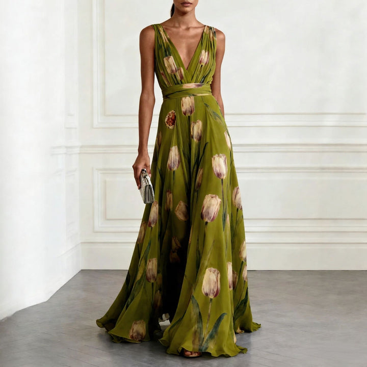 Women's Tulip Print Wrap V-Neck Sleeveless Maxi Dress