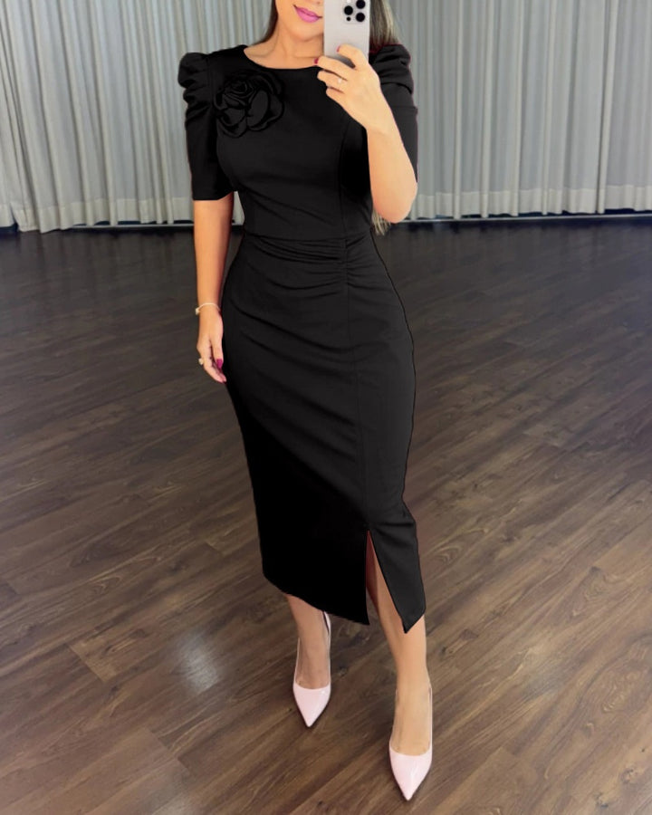 Women's Bodycon Midi Dress – Puff Sleeve Ruched Front Detail