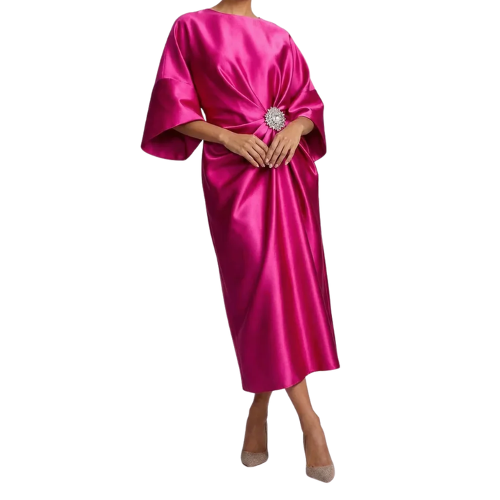 Women's Satin Midi Dress Batwing Sleeves – Bateau Neckline Jewel Waist