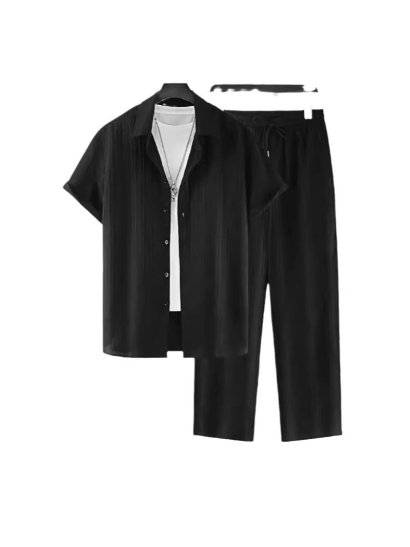 Men's Two Piece Set – Textured Stripe Shirt & Drawstring Trousers