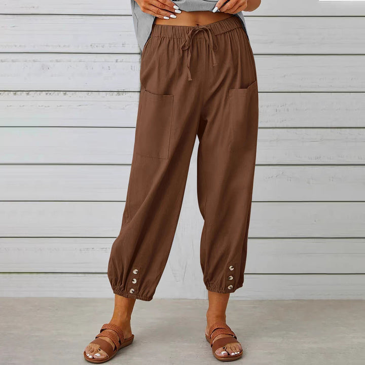 Women's Linen Cropped Pants – Drawstring Waist & Button Hem