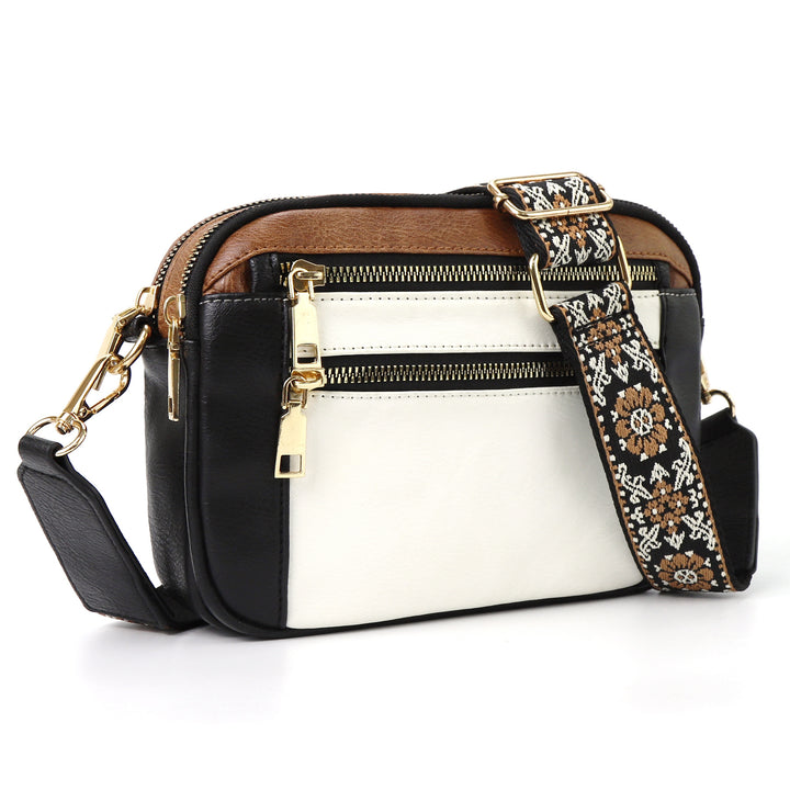Women's Colorblock Crossbody Bag – Triple Zipper Embroidered Strap