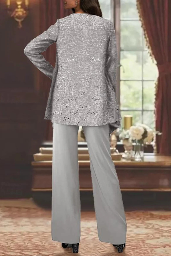 Sequin Lace Three-Piece Suit – Women's Wide Leg Trouser Set