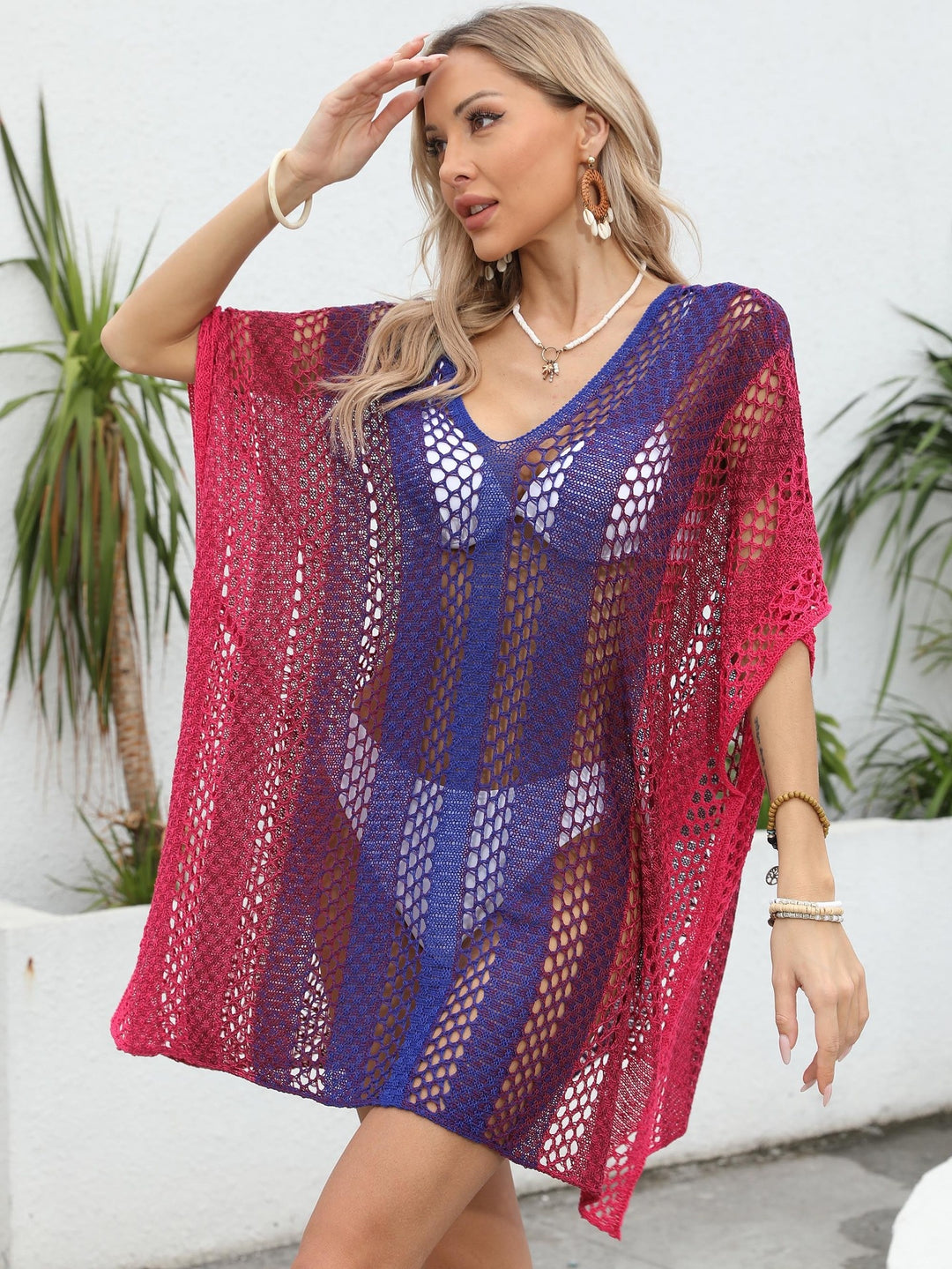 Knit Beach Cover Up Kaftan Dress – V-Neck Loose Maxi