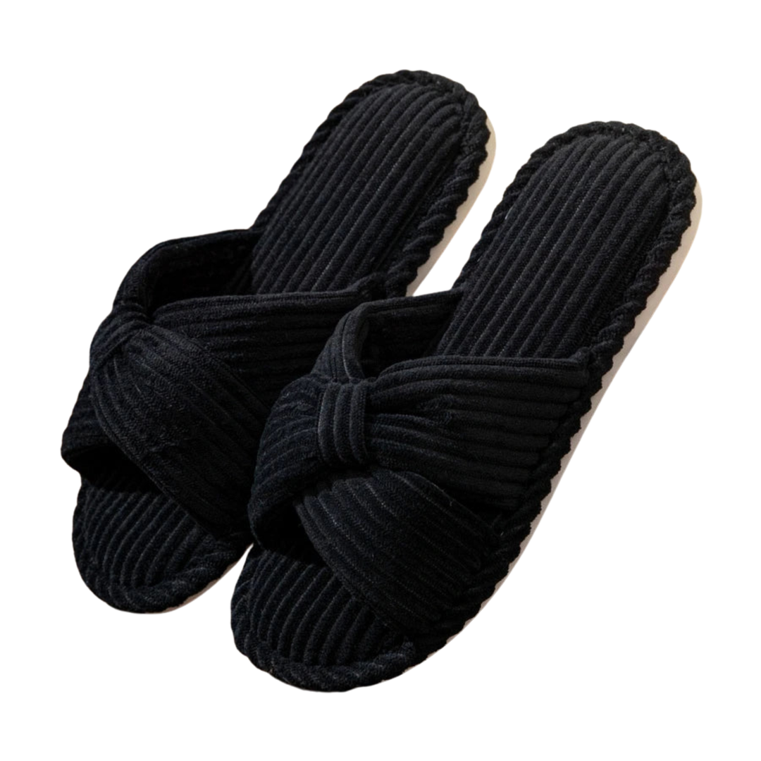 Women's Slippers – Corduroy Open Toe Slip-On with Bow Detail