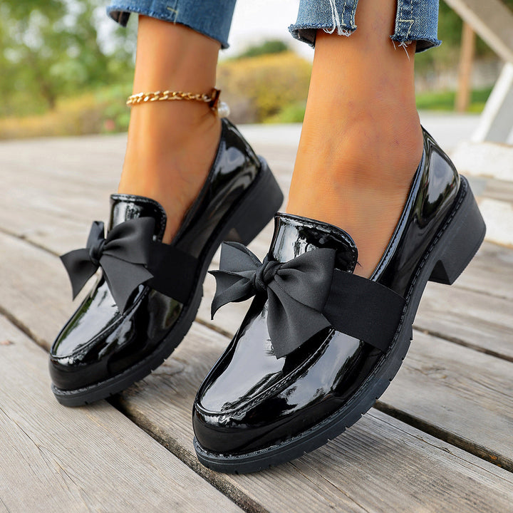 Women's Glossy Leather Bow Loafers – Moc-Toe Slip-On Platform Outsole