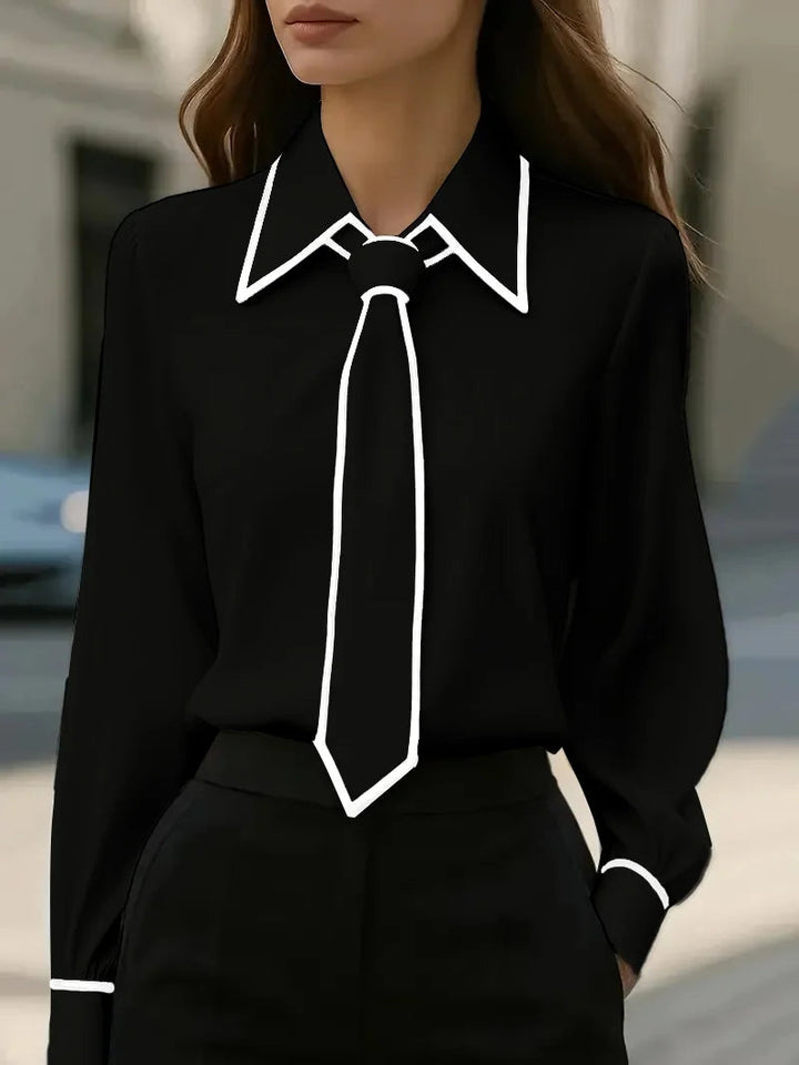 Tie Neck Blouse – Women's Contrast Trim Long Sleeve Top