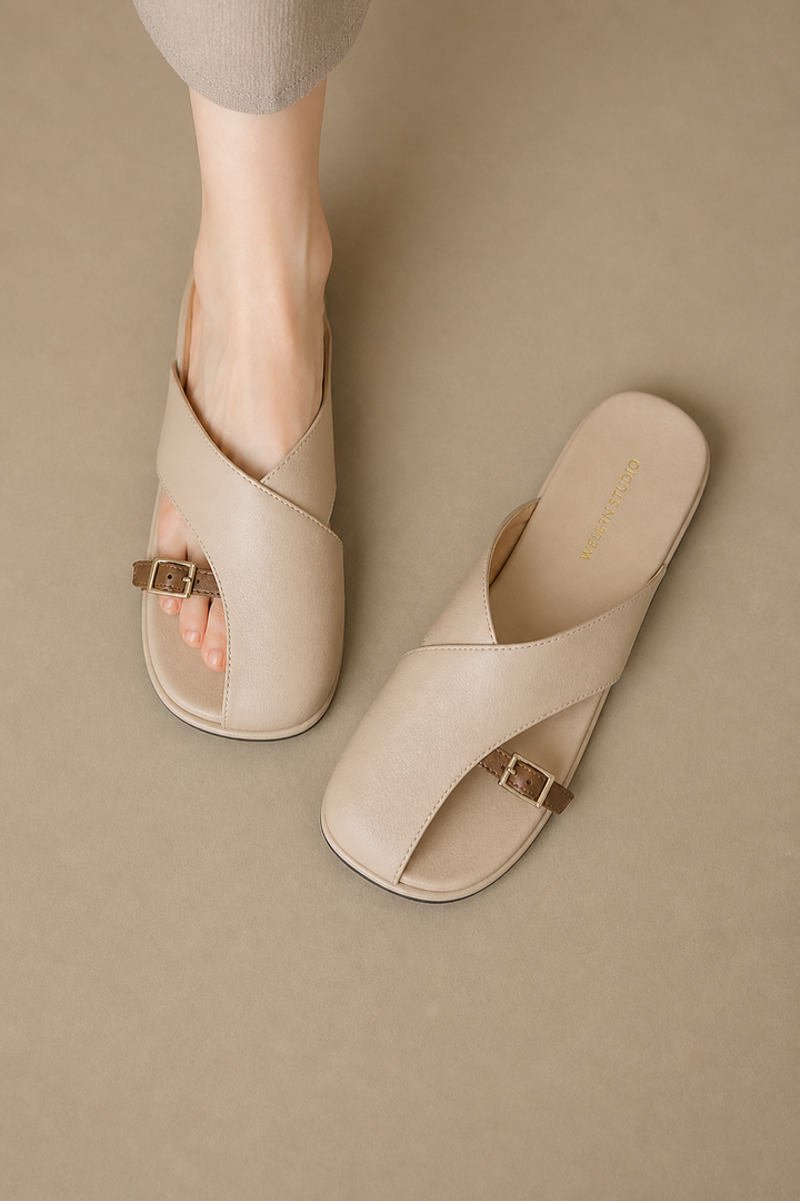 Women's Flat Sandals – Leather Fisherman Cross Strap Square Toe
