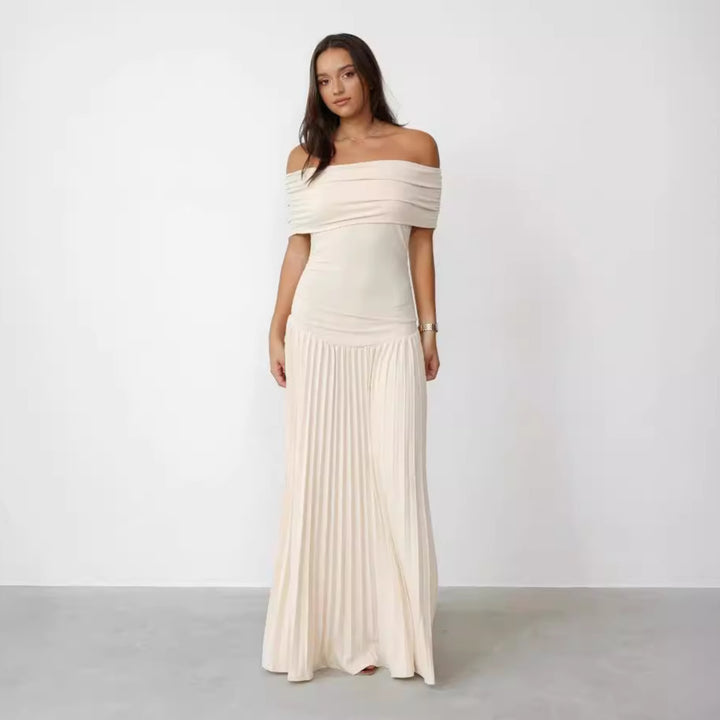 Off Shoulder Midi Dress – Pleated Skirt Elegant Fit