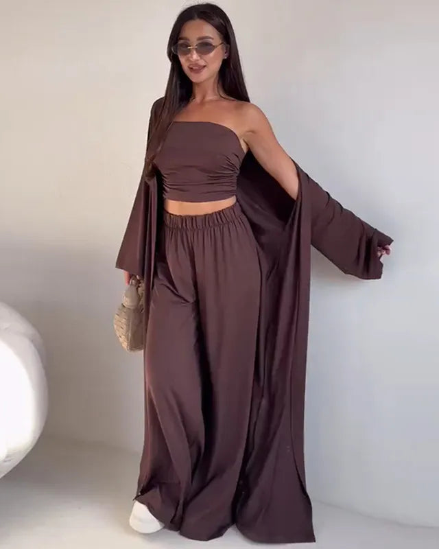 Women's Three-Piece Set – Cardigan, Wide-Leg Trousers & Strapless Top